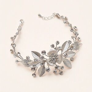 Gorgeous Bridal Floral Bracelet: metal flowers, leaves and rhinestones.